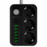 ARTSTYLE CL-3631B Сетевой фильтр(черный с функцией умной зарядки, 220V, 2200W, 3 гнезда, 6 usb-портов)