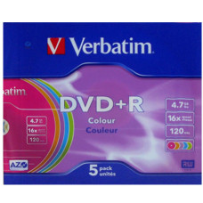 Оптический диск DVD+R Verbatim 4,7Gb 16x Color SlimCase (43556) 5шт