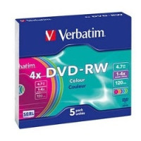 Verbatim Диск DVD-RW 4x, Colour, Slim, 5шт,(43563)