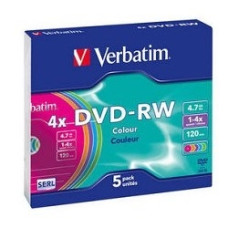 Verbatim Диск DVD-RW 4x, Colour, Slim, 5шт,(43563)