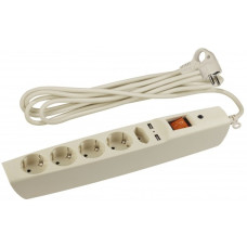 ЭРА C0043328 Сет. фильтр SFU-5es-2m-I надеж. защита, с/з, с выкл, 5гн + 2USB, 2м,, 10А, шторки, сл. кость