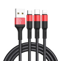 HOCO HC-80282 X26/ USB кабель 3-in-1: Lightning+Micro+Type-C/ 1m/ 2A/ Нейлон/ Black&Red