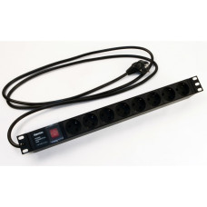 Hyperline SHE19-8SH-S-2.5EU Блок розеток для 19" шкафов, горизонтальный, с выключателем с подсветкой, 8 розеток Schuko (16A), 250В, кабель питания 3х1.5мм2, длина 2.5 м, с вилкой Schuko, 482.6x44.4x44