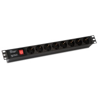 Hyperline SHE19-8SH-S-IEC Блок розеток для 19" шкафов, горизонтальный, с выключателем с подсветкой, 8 розеток Schuko (10А), 250В, без кабеля питания, входная розетка IEC 60320 C14, 482.6х44.4х44.4мм