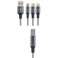 PERFEO Кабель USB2.0 A вилка - 3 в 1 ( Micro + Type C + 8 PIN вилка ), серый, длина 1,2 м. (U5001)