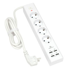 Сетевой фильтр Cablexpert Exnovo EXN-4-U4-W-2 белый, Макс мощность 2500Вт, 4  розетки 220В, 10А, 4 розетки USB-A 5В 2,4А, кабель 2м, ур.защиты 4+, коробка