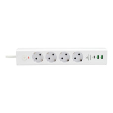 Сетевой фильтр Cablexpert Exnovo EXN-4-CU2-W-2 белый, Макс мощность 2500Вт, 3 розетки 220В, 10А, 2 розетки USB-A 5В, 1 розетка USB-C 30Вт PD, кабель 2м, ур.защиты 4+, коробка