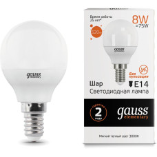 Светодиодная лампа Gauss Elementary LED Globe E14 8W 3000K 53118