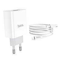 HOCO HC-40526 C80A/ Сетевое ЗУ + Кабель Type-C-Lightning/ PD + QC 3.0/ 2 USB/ Выход: 5V_9V_12V, 20W/ White