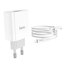 HOCO HC-40526 C80A/ Сетевое ЗУ + Кабель Type-C-Lightning/ PD + QC 3.0/ 2 USB/ Выход: 5V_9V_12V, 20W/ White