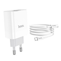 HOCO HC-40519 C80A/ Сетевое ЗУ/ PD + QC 3.0/ 2 USB: Type-A + Type-C/ Выход: 5V_9V_12V, 20W/ White