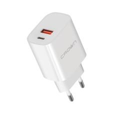 Crown CMWC-3032F Сетевое универсальное зарядное устройство (1 порт зарядки Type-C+1 порт зарядки USB A; поддержка PD20W&QC3.0; входное напряжение 100-240В; выходной ток DC 5V/2.4A,9V/2A,12V/1.5A